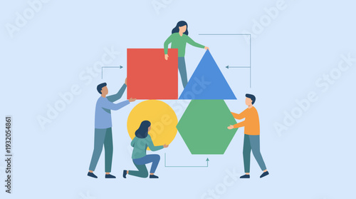 Teamwork Concept with Diverse People Arranging Large Colorful Geometric Shapes, Symbolizing Cooperation, Synergy, Problem Solving, and Business Strategy in a Clean Flat Vector Illustration.
