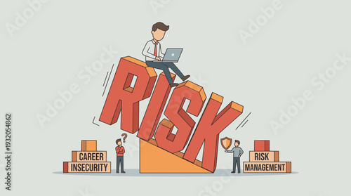 Businessman with Laptop Sitting on Large Falling Risk Block with Career Insecurity and Risk Management Concepts, Professional Business Challenge and Job Security Strategy Vector Illustration