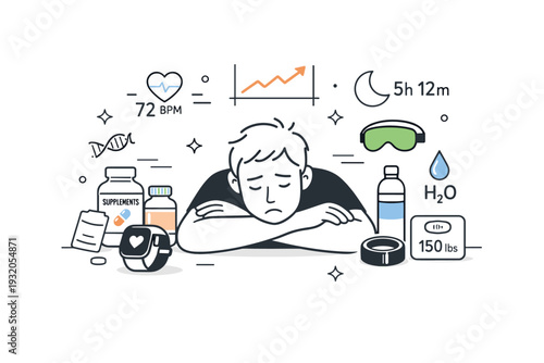 Biohacking burnout. A tired person surrounded by supplements, wearables, and health charts, exhaustion behind constant self-optimization, calm editorial