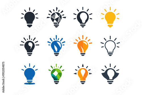 Discovery. Icon set. Set Logo of discovery: light bulb spark. harmonious logo variations of the same emblematic concept, each with different artistic