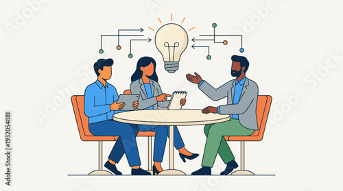 Diverse Business Team Collaborating and Sharing Creative Ideas Around a Table with a Large Glowing Lightbulb Symbolizing Innovation, Brainstorming, Problem Solving, and Successful Teamwork.