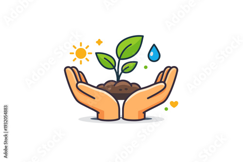Nature care focused on gentle protection of the environment through a single leafy plant cradled by caring hands, expressing responsibility, balance, and