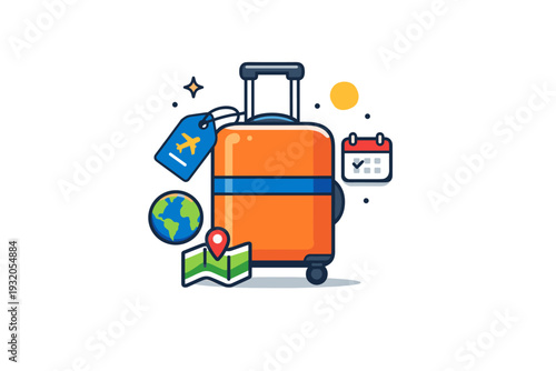 Travel luggage set visualized as a clean editorial badge combining suitcase, tag and small travel symbols to express adventure, planning and modern travel