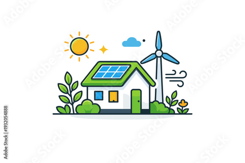 Green energy lifestyle expressed through a simple home powered by sun and wind icons, with plants around the house suggesting harmony between technology and