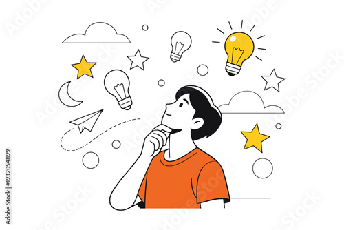 Sky inspiration. Person looking up at the sky, lightbulb and stars subtly floating around. Dreamy, thoughtful mood suggesting ideas and imagination. Modern
