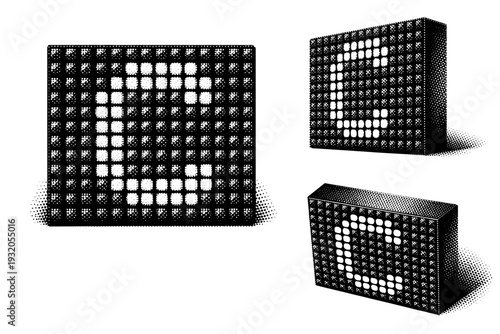 Pixel display with illuminated segments. A realistic pixel display with selectively illuminated pixel segments is depicted as one object shown from three