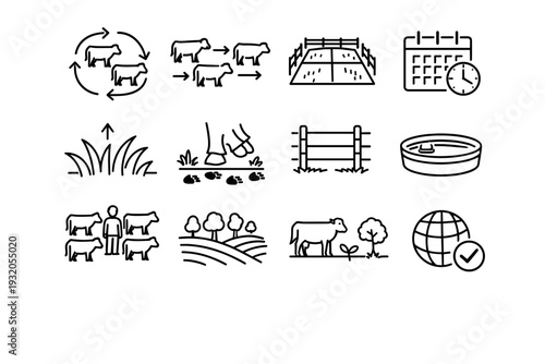 Sustainable Grazing. Line icon set of Sustainable Grazing: rotational grazing, livestock movement, pasture division, grazing schedule, grass regrowth, animal