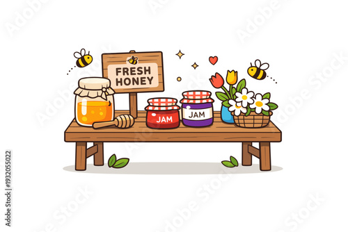 Spring market with a small honey and jam display on a wooden table, accented by bees and fresh flowers, highlighting natural products, local trade, and the