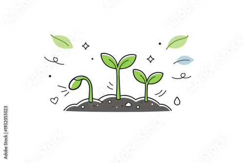 Sprouting seeds. Close-up of small green sprouts emerging from soil, highlighting growth and potential. Fresh, lively mood with soft floating abstract leaves
