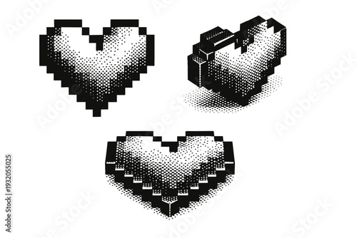 -bit pixel heart A realistic -bit style heart symbol shown as a single object in three views including front, angled, and top-down perspective, emphasizing