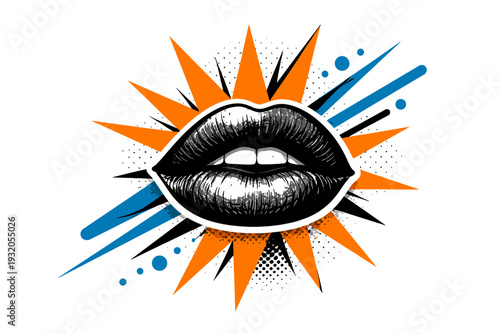 Black and white dramatic lips slightly parted, bold orange starburst positioned directly behind, blue diagonal stripes and circular accents adding rhythm,