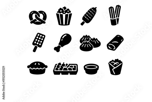 Street Snacks. Solid icon set of Street Snacks: pretzel, popcorn box, roasted corn, churros, waffle stick, fried chicken leg, dumplings, spring roll, meat pie,