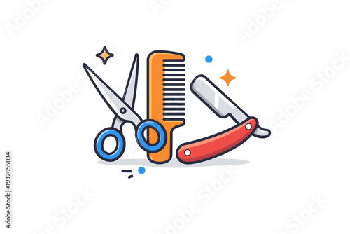Barber shop elements capturing a classic grooming atmosphere where scissors, comb and razor come together to express precision, style and professional care.