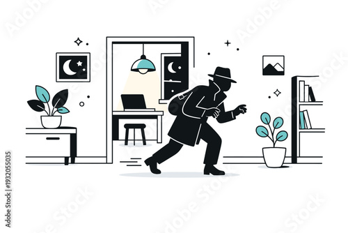 Night infiltration mood. A lone spy silhouette moving through a simplified nighttime interior with soft lights and long shadows. The illustration feels calm,
