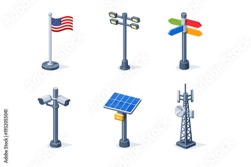 Outdoor pole. Isometric flat vector icons set of Outdoor pole: flagpole, lighting mast, signpost pole, surveillance camera pole, solar panel pole, antenna