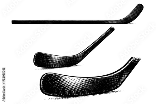 Ice hockey stick sports equipment object presented in side, angled, and close-up blade views within one composition, accurately representing shaft taper, blade