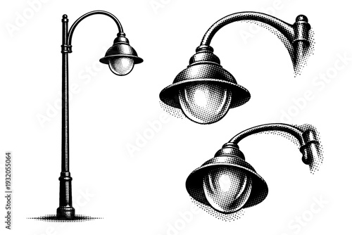 Street lamp curved arm design. A realistic street lamp depicted as a single object in three different views, highlighting the curved arm, connection points,