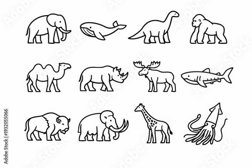 Gigantic Creatures. Line icon set of Gigantic Creatures: elephant, whale, dinosaur, gorilla, camel, rhinoceros, moose, whale shark, bison, mammoth, giraffe,
