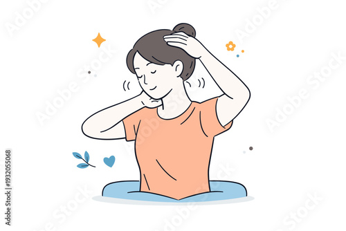 Self head and neck massage. A minimal scene of a person massaging their own neck and head while seated or standing calmly. Focus on self-care, awareness, and