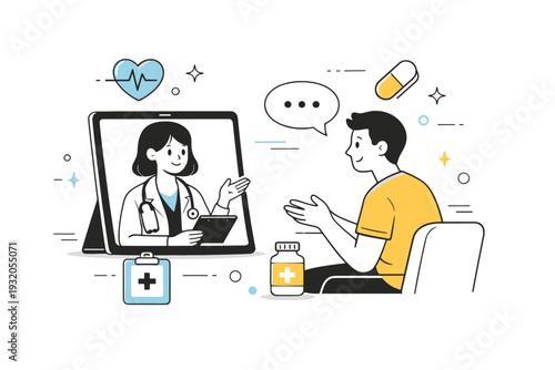 Digital health consultation. A doctor and patient sit in a calm telemedicine session, exchanging information through a tablet screen with subtle medical icons