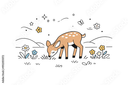 Deer in meadow. A young deer grazing in a sunlit summer meadow with wildflowers and gentle rolling hills. Calm, peaceful outdoor scene with soft floating