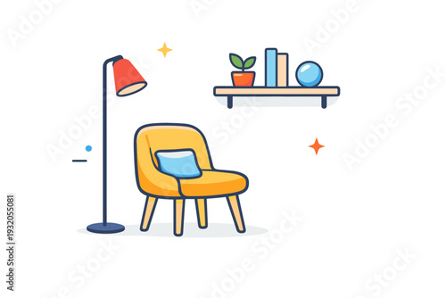 Home decoration ideas inspired by minimal interiors shown through a chair, floor lamp, and simple shelf, conveying order, clarity, and intentional design. A