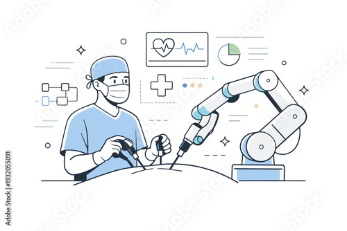 Robotic-assisted surgery. A surgeon calmly operates with the help of a simplified robotic arm, abstract interface elements hovering in the background. The mood