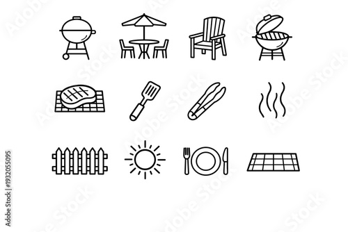Barbecue on the Patio. Line icon set of Barbecue on the Patio: barbecue grill, patio table, outdoor chair, grill lid open, steak on grill, grill spatula, tongs