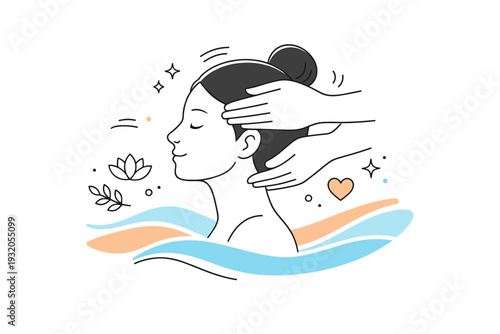 Wellness and relaxation massage concept. A symbolic editorial illustration of a head and neck massage scene with abstract waves and soft motion lines. Mood of