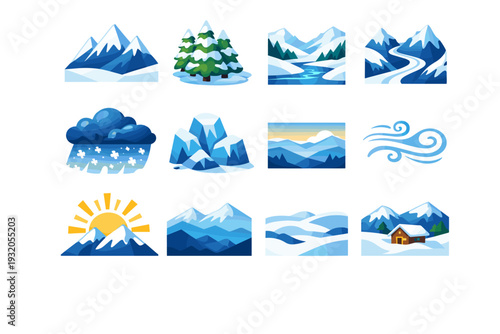 Winter mountains. Colorful flat vector icons set of winter mountains: snowy peaks, pine trees with snow, frozen valley, mountain pass, snowstorm clouds, icy