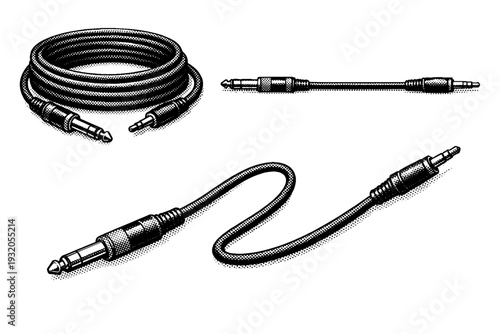 Headphone cable A detailed cord of vintage headphones presented as one object in three views including coiled, stretched, and angled, focusing on thickness,