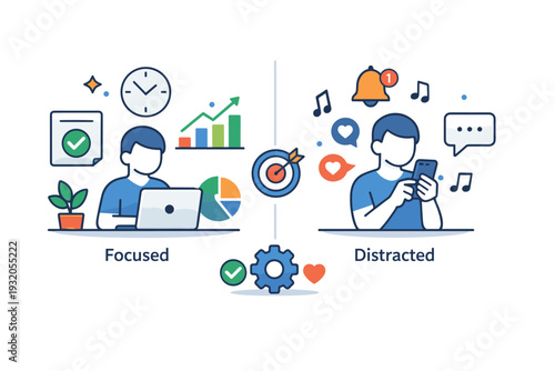 Productivity insights from app usage expressed through a calm comparison of focused and distracted states, highlighting optimization and conscious choice.