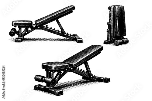 Adjustable workout bench depicted in side view, folded position, and perspective view within one composition, highlighting padded surfaces and metal support