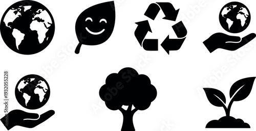 Flat design eco icon set showing smiling leaf recycle symbol globe in hand tree and seedling black silhouette minimalist vector