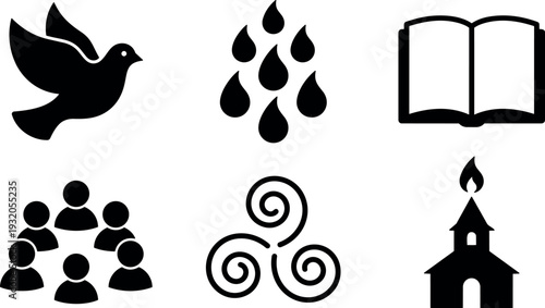 Flat design six black religious and community icons dove raindrops open book congregation triskelion church simple vector set symbol collection