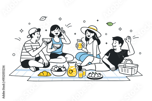 Summer picnic in the park. A small group enjoying a sunny afternoon on a blanket with fruits, lemonade, and playful gestures, calm laughter and relaxed posture