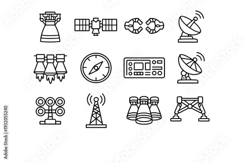 Space Technology. Line icon set of Space Technology: rocket engine, solar panels, docking clamps, satellite dish, thrusters, navigation system, control panel,