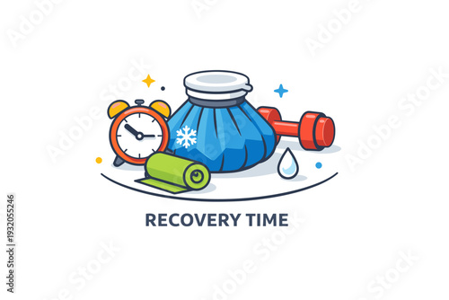 Sports recovery tools visualized as a calm and modern composition with an ice pack symbolizing cooling relief, recovery time and muscle care. The mood is clear