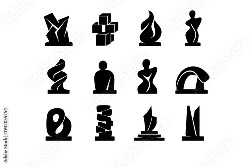 Abstract Sculpture. Solid icon set of Abstract Sculpture: abstract statue, geometric sculpture, fluid form sculpture, modern art figure, twisted
