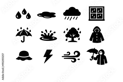 Rain observation. Solid icon set of rain observation: raindrops, puddle, cloud, window, umbrella, water splash, tree, raincoat, hat, lightning, wind, person.