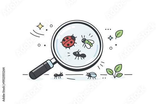 Insect observation. A magnifying glass highlighting small insects on a clean surface, gentle scientific curiosity. Quiet exploration and careful attention to