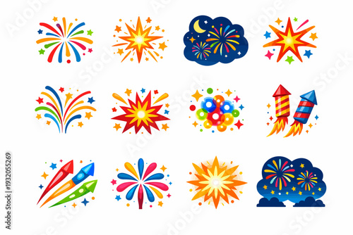 Fireworks display. Colorful flat vector icons set of Fireworks display: exploding fireworks, spark burst, night sky, celebration lights, star explosion,