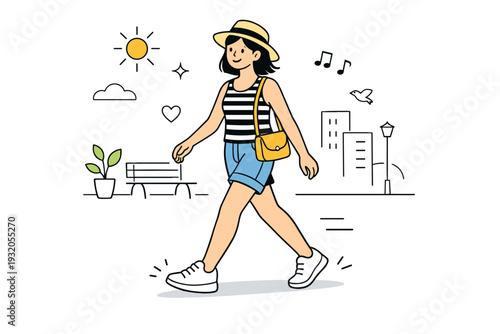 Summer outfit city walk. A friendly scene of a person walking through the city in a stylish summer outfit. Easy movement, confident mood, simple urban elements