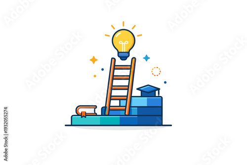 Knowledge growth ladder symbolizing steady learning progress through a simple ladder rising toward a light bulb, expressing curiosity, ambition, and personal