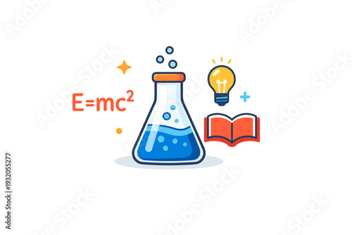 Chemistry flasks highlighting education and learning represented by a single flask paired with simple formula symbols, conveying knowledge and academic