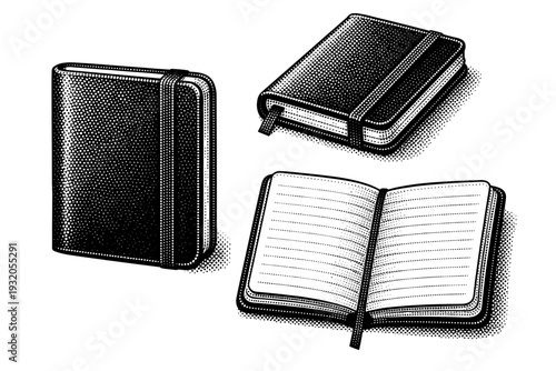 Analog Notebook ? Pocket-sized notebook shown in front view, diagonal perspective, and open page view, maintaining accurate small-scale proportions and binding
