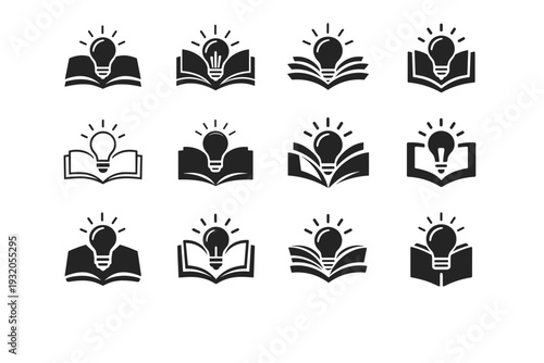 Book. Icon set. Set Logo of Book: book and lightbulb. harmonious logo variations of the same emblematic concept, each with different artistic interpretation