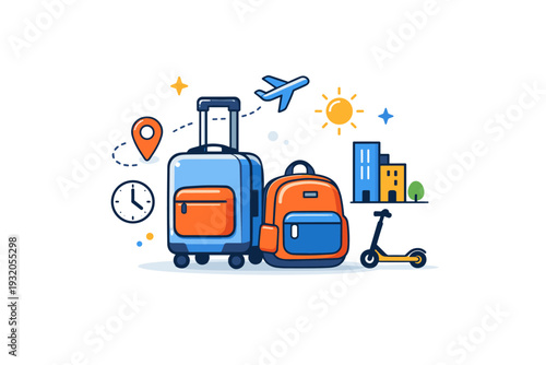 Travel luggage set representing carry-on essentials with a compact bag and travel icons that communicate flexibility, short trips and urban mobility.