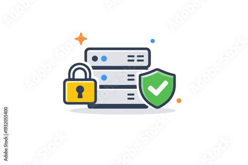 Server management icons focused on security and access control, symbolized by a server with a lock and shield elements suggesting protected data environments.