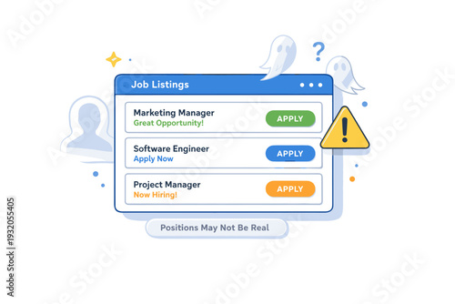 Ghost job postings concept expressing false opportunity and uncertainty, illustrated by a recruitment dashboard displaying open positions paired with a subtle